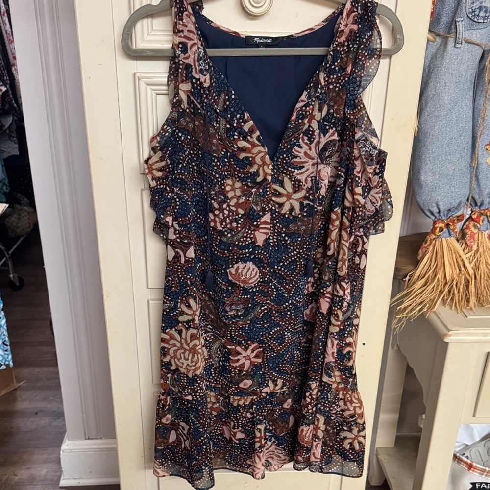 Madewell Navy Floral Cold-Shoulder Mini Dress with Blush Accents